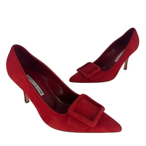 Manolo Blahnik Maysale Suede Bright Red Buckle Detail Pumps